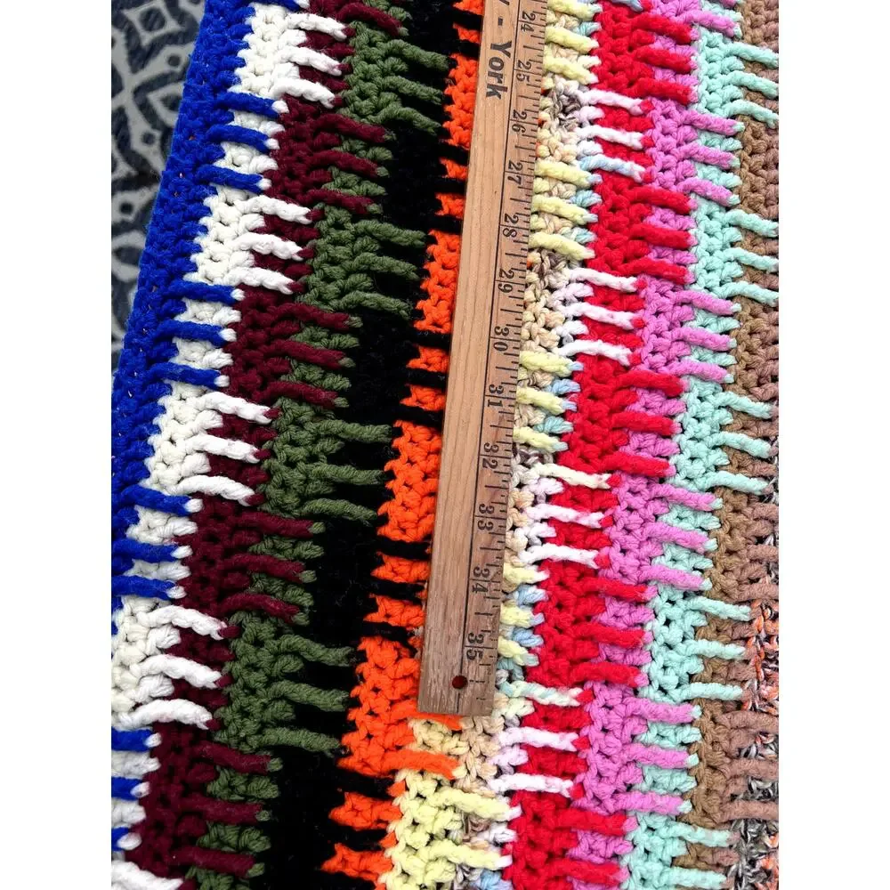 Retro Handmade Crocheted Granny Blanket Unique Rainbow Plaid Cottage Kitsch Fun